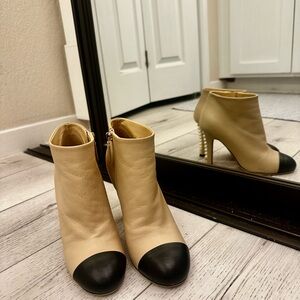 CHANEL Two-Tone Ankle Booties with Pearl Heel